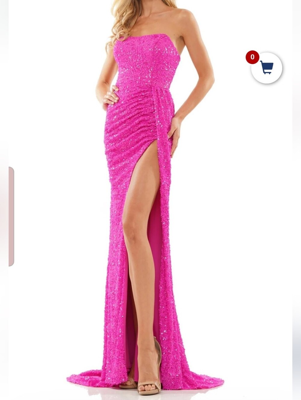 Size 4 bright magenta strapless lace up back fully sequin sheath gown w/ leg sli